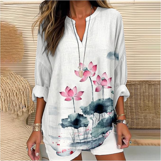 MARSVOVO V Neck Shirt For Women Boho Multi Style Blouse Long Sleeve Novelty Graphic Plus Size Pullover Tops For Women