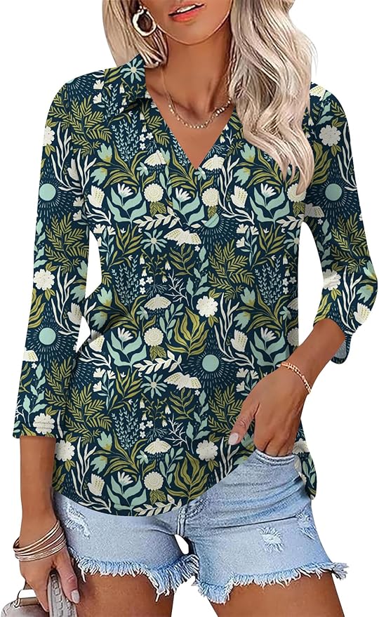 LOMON 3/4 Length Sleeve Womens Tops 2026 Spring Summer Collared Polo Shirts V Neck Casual Basic Polos Tees Shirt