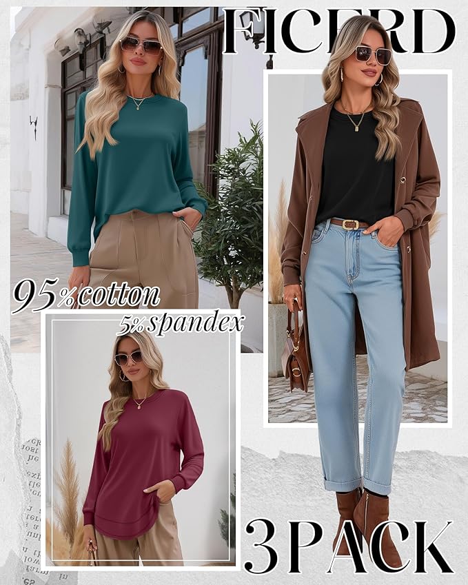Ficerd 3 Pack Women's Long Sleeve Shirts, Cotton Crew Neck Tunic Tops Casual Loose Fit Pullover Sweatshirts Curved Hem Shirts