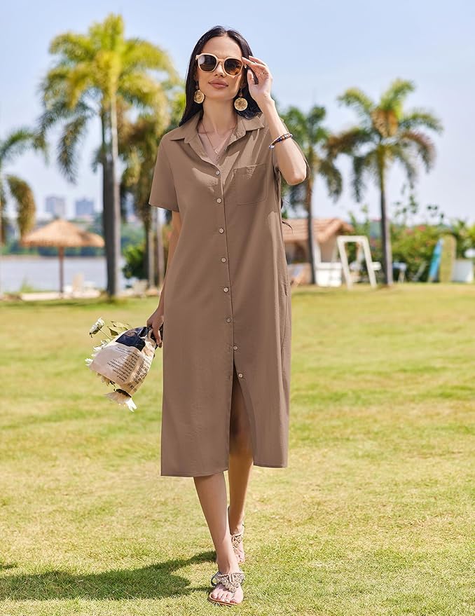 HOTOUCH Womens Dress Summer Casual Midi Short Sleeve Button Down Shirt Dresses Loose Beach Cover Up with Pockets
