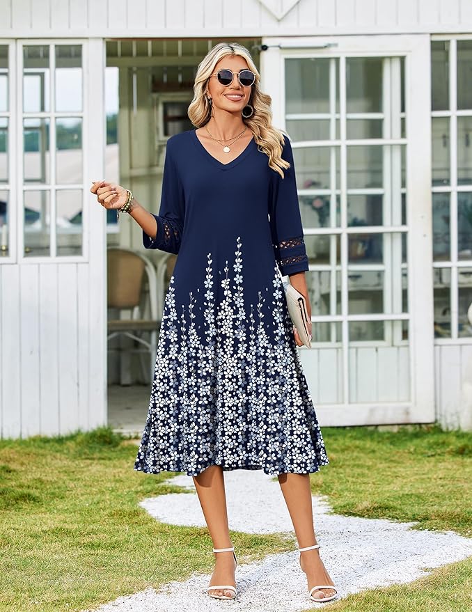 Zeagoo Women's Dresses 3/4 Sleeve Summer Casual V-Neck A Line Flowy Eyelet Midi Dress for Women Beach Vacation Sundress