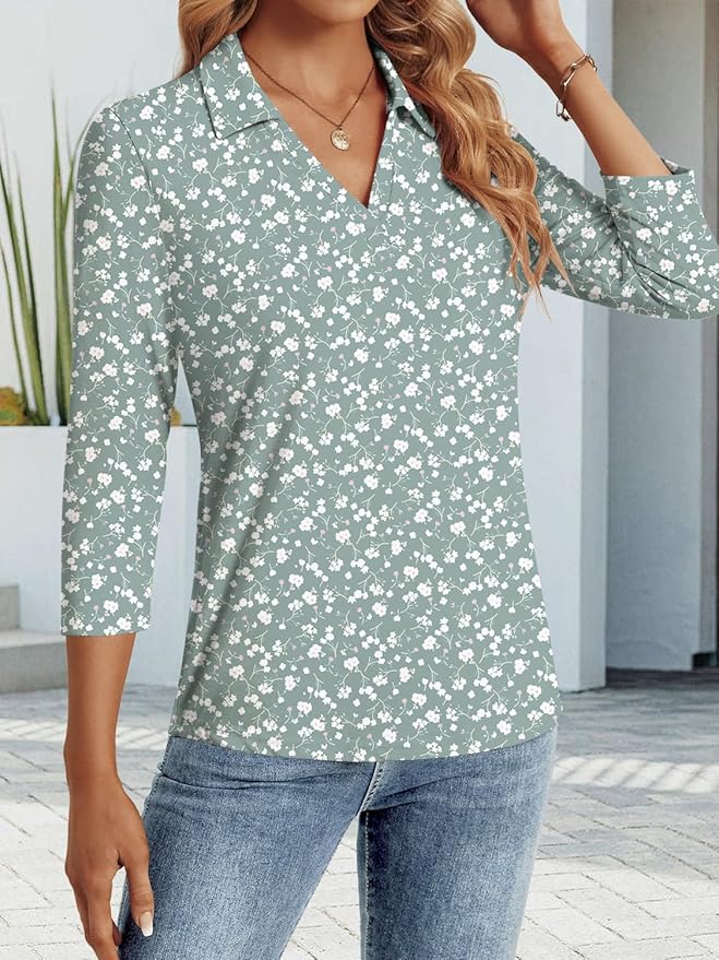 3/4 Length Sleeve Womens Tops Dressy Casual V Neck Polo Shirts Business Work Blouses 2025 Trendy Tunic Top