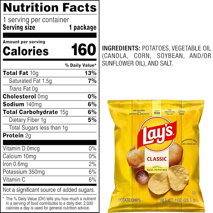 Lay's Potato Chips, Classic, 1 Ounce (Pack of 104)