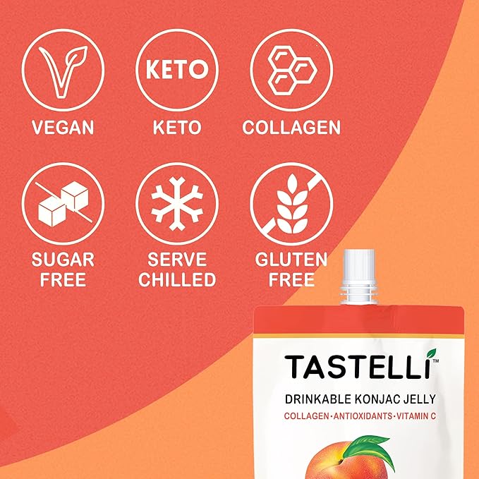 Tastelli Konjac Jelly Infused with Collagen & Vitamin C | Gluten Free, Sugar Free, Low Calorie | Vegan Drinkable Fruit Jelly Snack | Peach | 150mL x 10 Pouches