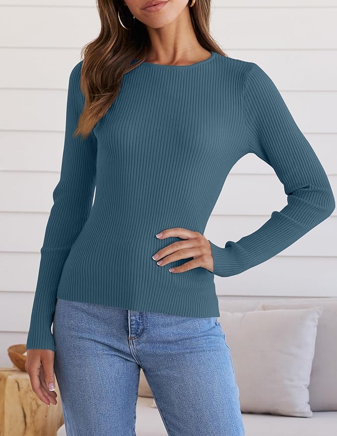 ZESICA Women's Long Sleeve Crewneck Shirts 2026 Fall Ribbed Knit Sweater Slim Fitted Casual Basic Tee Tops