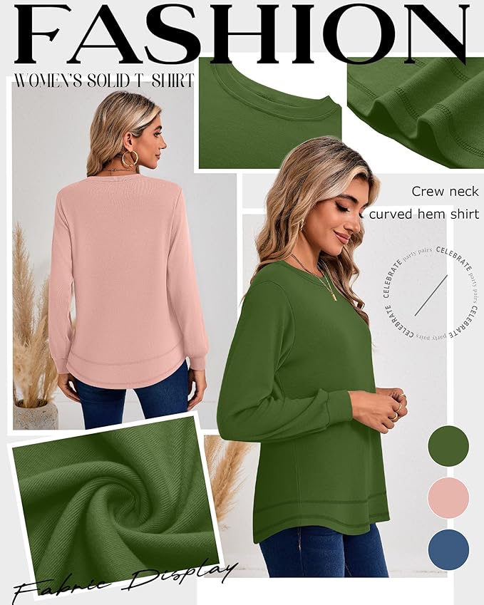 Ficerd 3 Pack Women's Long Sleeve Shirts, Cotton Crew Neck Tunic Tops Casual Loose Fit Pullover Sweatshirts Curved Hem Shirts