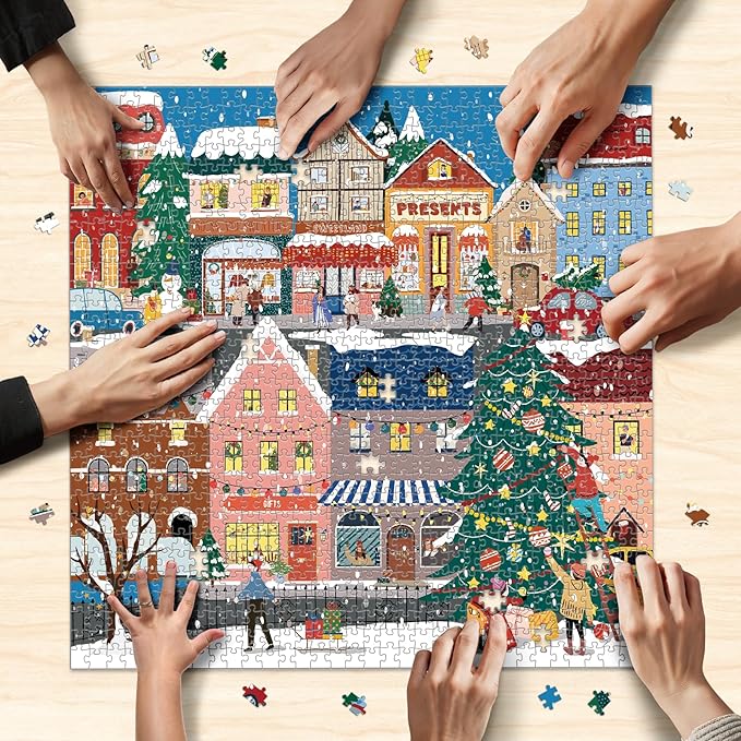 Naturelish 1000 Piece Christmas Puzzle for Adults, Festive Winter Village Jigsaw Puzzle with Glitter Snow Effect, Holiday Street Scene Puzzle, Perfect for Christmas Fun, 24 x 24 Inches