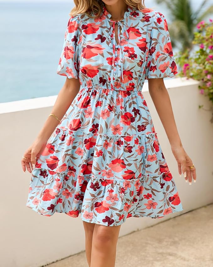 BTFBM Women Summer Floral Short Dresses V Neck Short Sleeve Tiered Ruffle Boho Swing Dress A-Line Mini Dresses