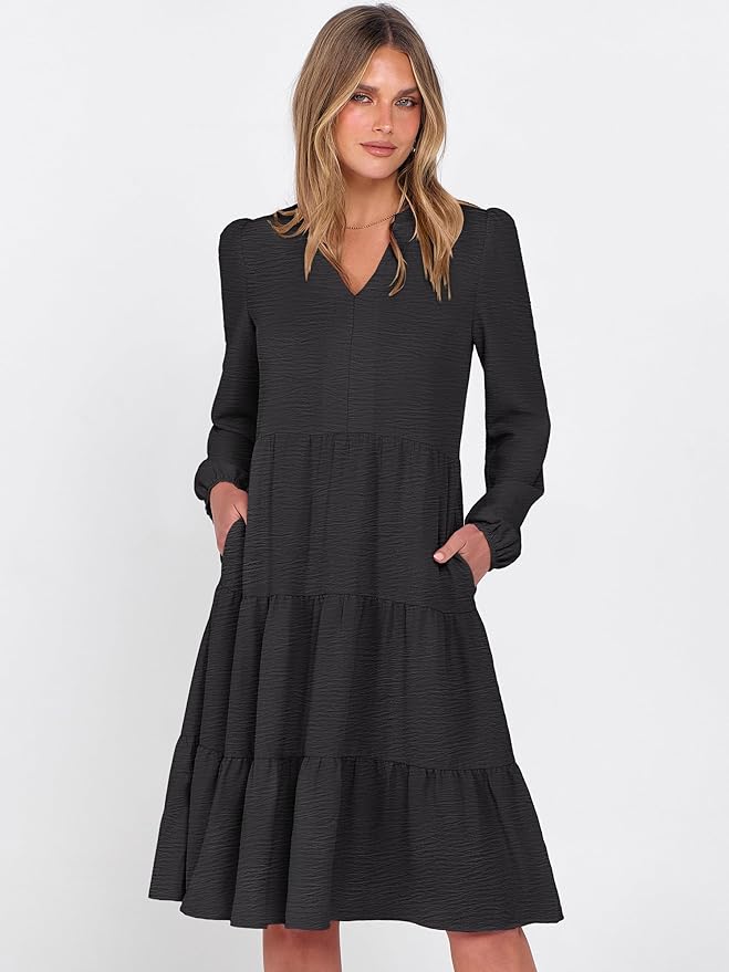 ANRABESS Womens Fall Midi Dresses Long Sleeve V Neck Swing Tiered Work Business Casual 2026 Flowy Beach Vacation Dress