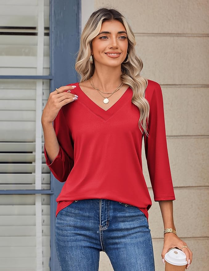 Zeagoo 3/4 Length Sleeve Womens Tops V Neck Shirt Dressy Casual Blouse Basic Tshirts 2026 Fashion Clothing S-2XL