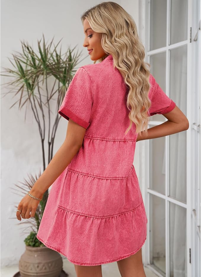 LookbookStore Women's Short Sleeve Button Down Flowy Tiered Babydoll Denim Dress