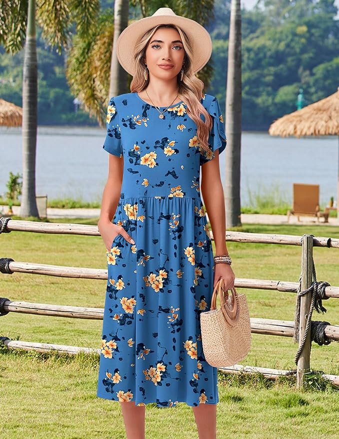 HOTOUCH Women's Summer A-Line Midi Dresses 2026 Casual Floral Short Sleeve T-Shirt Dress Flowy Beach Sundress with Pockets