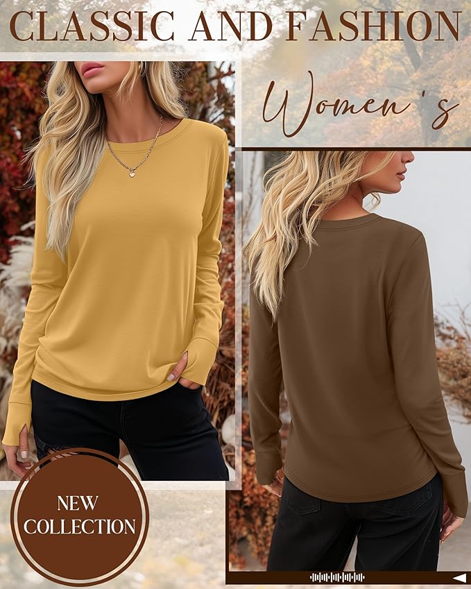 Huukeay 3 Pack Women's Long Sleeve Shirts with Thumb Holes, Cotton Casual Crew Neck Tunic Tops Fall Loose Y2k Trendy Outfits