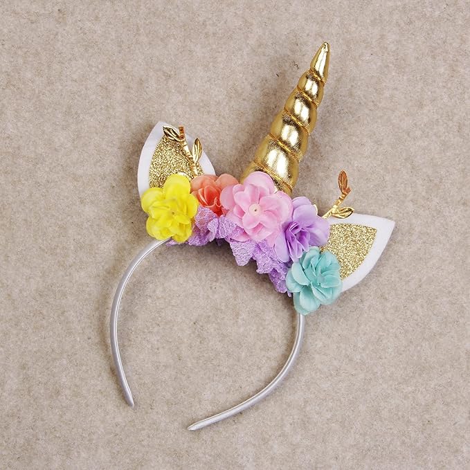 Nishine Unicorn Horn Floral Headband Glitter Ears Pony Head Bands Tiara for Girls Party Birthday Cosplay