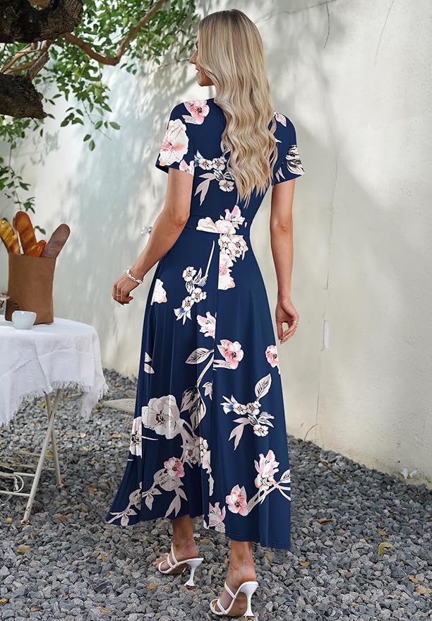 AUSELILY Maxi Dresses for Women Ankle Length Floral Print Beach Long Flowy Dress with Pockets