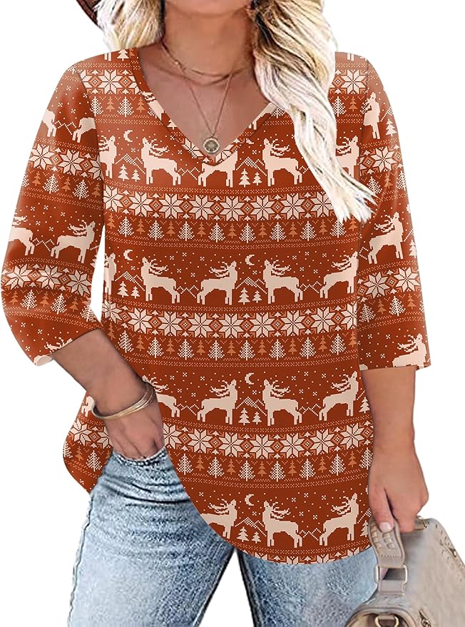 TFSDOD Womens Plus Size Tops V Neck T Shirts 3/4 Sleeve Blouse Summer Casual Tees XL-5X