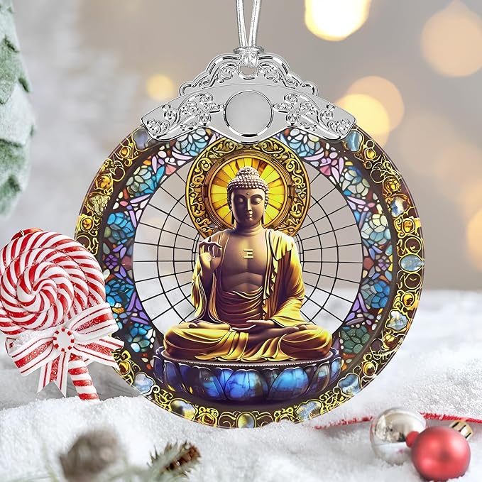 Tathagata Buddha Christmas Ornaments, 3" Stained Glass Christmas Decor, Christmas Tree Ornaments, Gifts for Women Men, Unique Gift Idea, Perfect for Holiday Party, Tree, Window, Home Decor