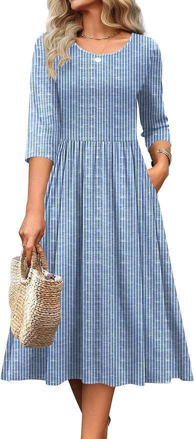 Zeagoo 3/4 Sleeve Women's Dress Casual Flowy A-Line Midi Tshirt Dresses with Pockets Crewneck Vocation Boho Beach Sundress