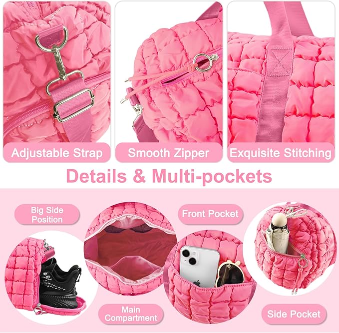 Quilted Travel Duffle Bag Gym Bag for Women,Large Puffer Duffle Weekender Bag with Compartment,Workout Overnight Carry on Organizer Bag Duffle Bag for Airplane Travel(L-Pink)