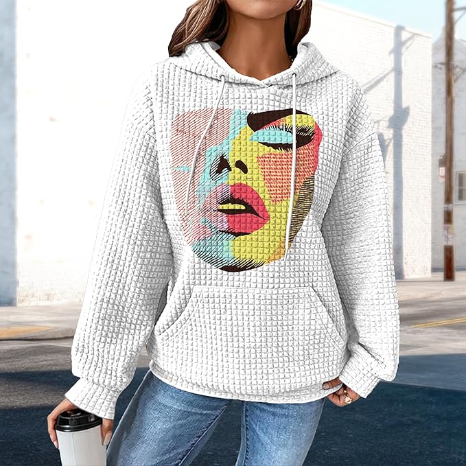 domirica Pullover Sweatshirts For Women Drawstring Long Sleeve Waffle Sweatshirt With Pocket Vintage Street Wear Qutfits