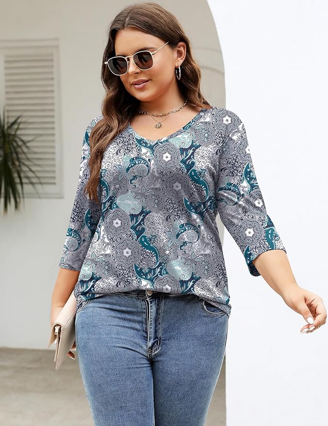 TFSDOD Womens Plus Size Tops V Neck T Shirts 3/4 Sleeve Blouse Summer Casual Tees XL-5X