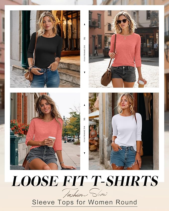 Ficerd 3 Pack 3/4 Sleeve Tops for Women Round Neck Dressy Basics Tees Casual Trendy Loose Fit T Shirts