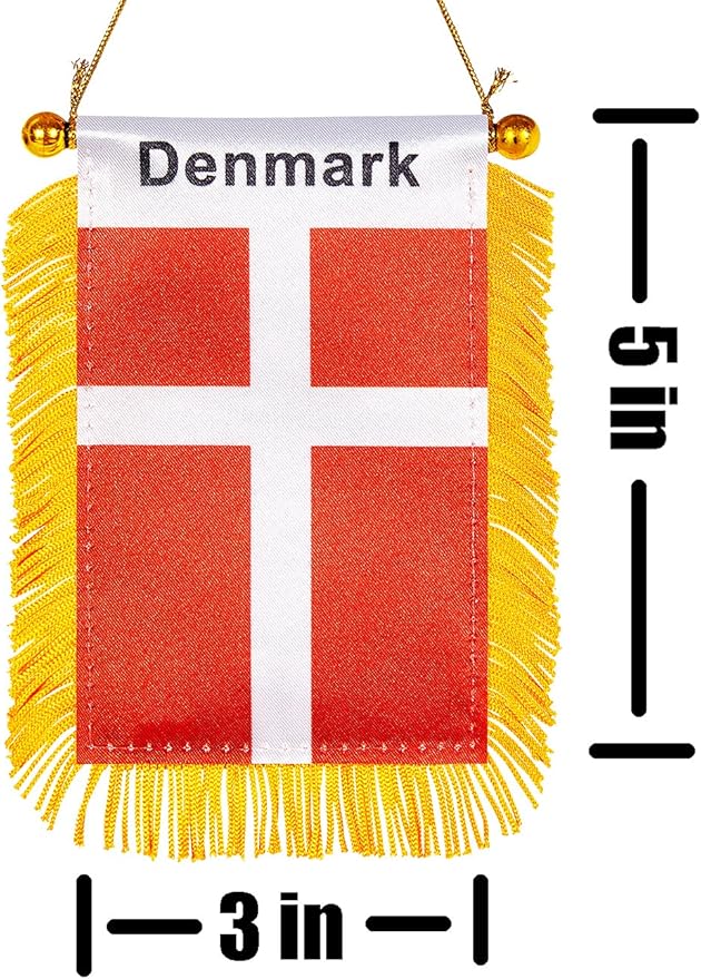 ZXvZYT 3 X 5 Inch Denmark Window Hanging Flag Danish Small Mini Car Flags Banners Rearview Mirror Decoration - with Suction Cup & Golden Fringy Banner(2 Pack)