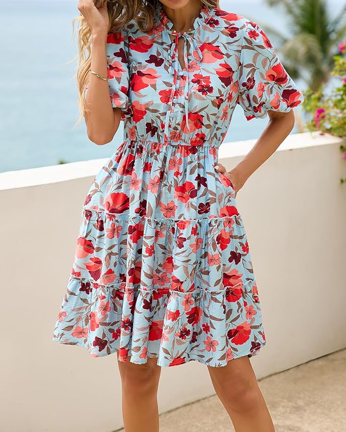 BTFBM Women Summer Floral Short Dresses V Neck Short Sleeve Tiered Ruffle Boho Swing Dress A-Line Mini Dresses