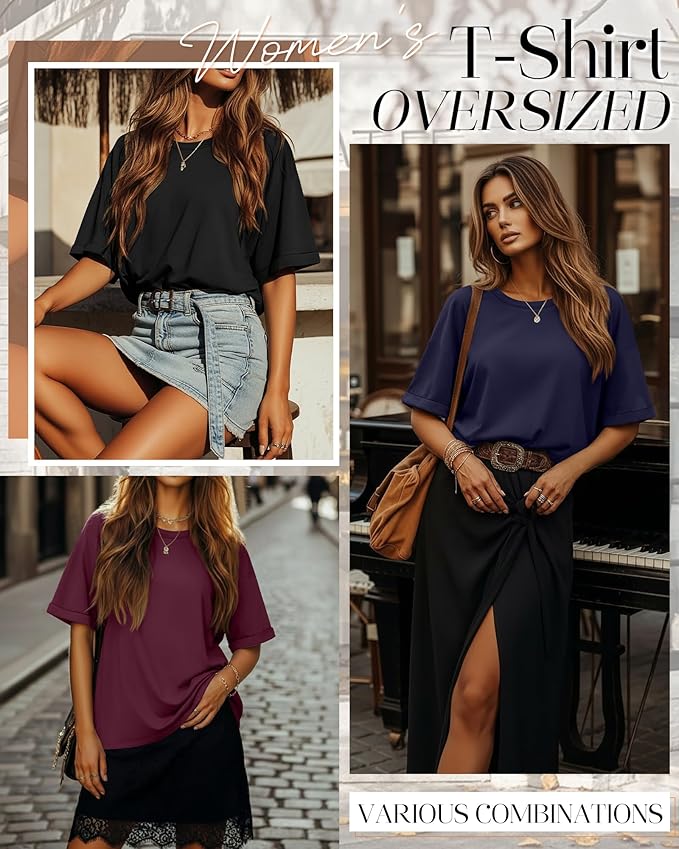 Riyiper 3 Pack Women's Oversized T-Shirt Half Sleeve Summer Tees Casual Loose Fit Crew Neck Basic Tops