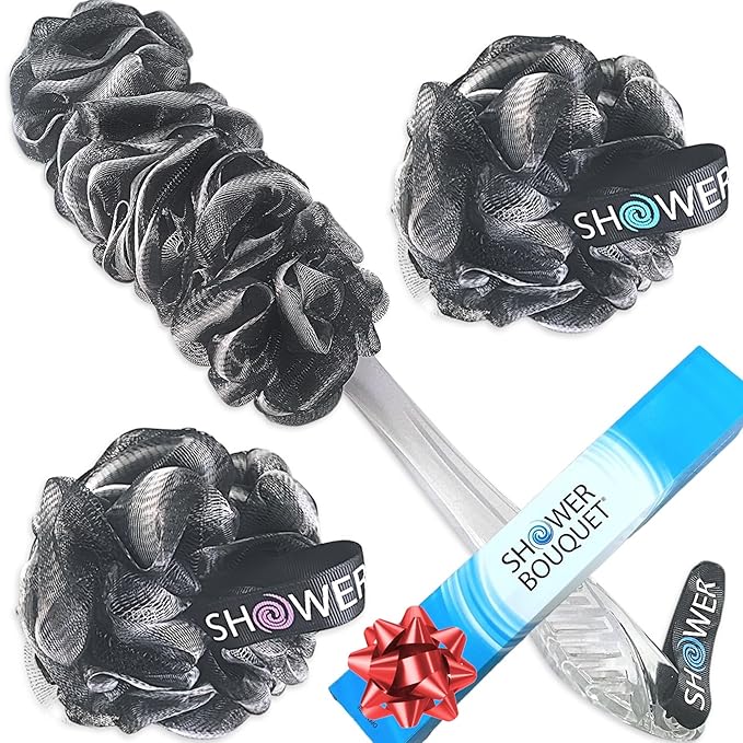 SHOWER BOUQUET Loofah-Charcoal Back-Scrubber & Bath-Sponge Set // 1 Long-Handle-Back-Brush Plus 2 Extra Large 75g Soft Mesh Loofa-Lufa-Loufa Puff Poufs, Men & Women - Exfoliate with Full Pure Cleanse