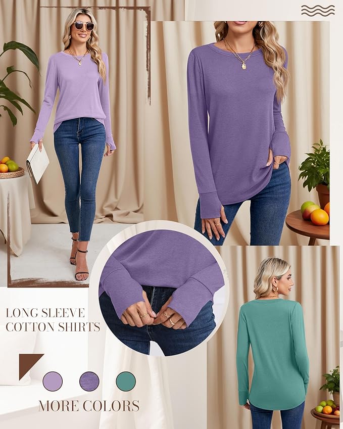 Huukeay 3 Pack Women's Long Sleeve Shirts with Thumb Holes, Cotton Casual Crew Neck Tunic Tops Fall Loose Y2k Trendy Outfits
