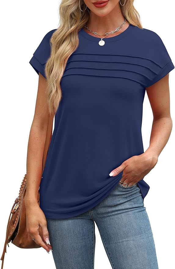 WEESO Womens Summer Tops Trendy 2026 Cap Sleeve T Shirts Crew Neck Pleated Front Beach Vacation Clothes Fashion