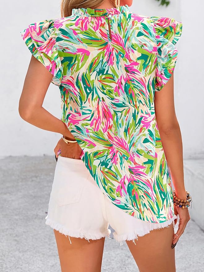 PRETTYGARDEN Women's Ruffle Short Sleeve Summer Tops 2026 Trendy Floral Trim Neck Casual Dressy Chiffon Boho Blouses Shirts