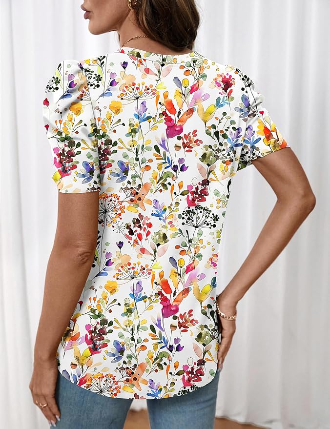 Lomon Spring Summer Tops for Women 2026 V Neck Puff Short Sleeve Tops Fashion Trendy Work Blouses Dressy Casual S-XXL