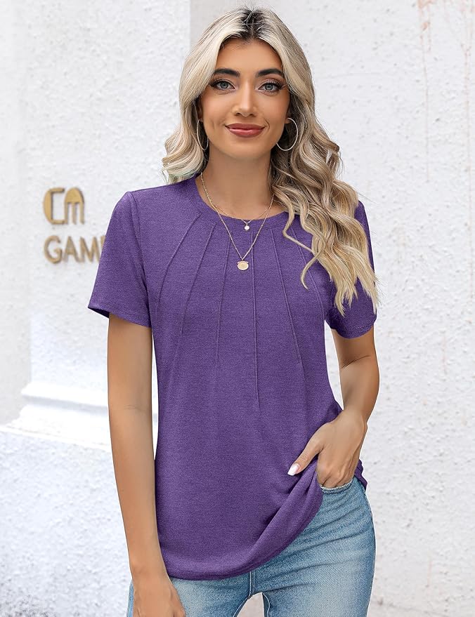 Kistore Womens Casual Crew Neck Short Sleeve Pleated Tops Blouses Fashion Clothes 2026
