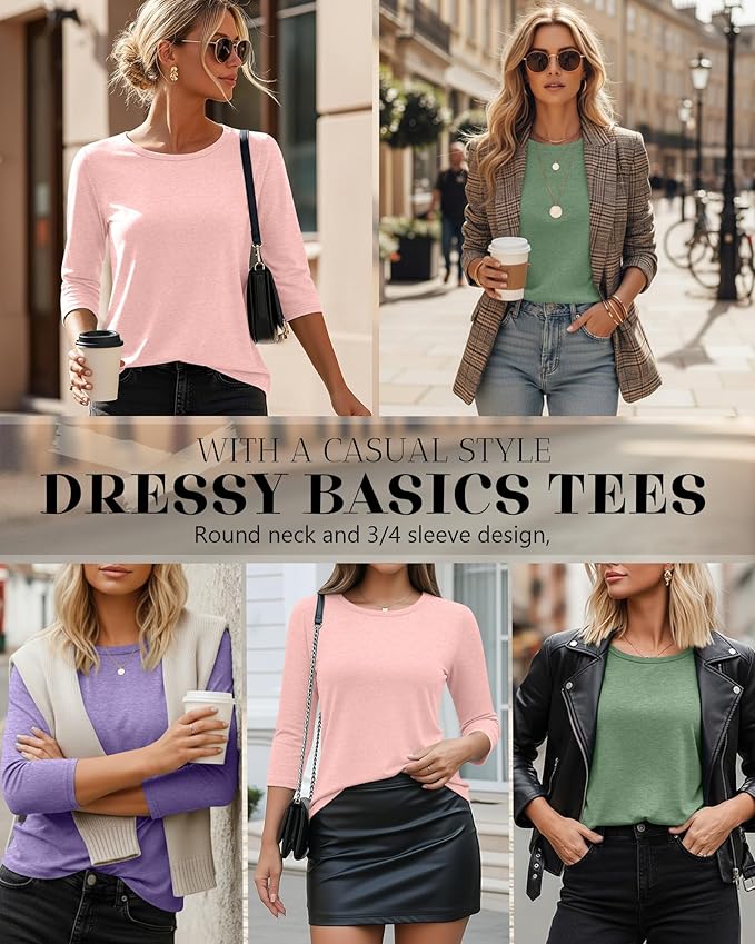 Ficerd 3 Pack 3/4 Sleeve Tops for Women Round Neck Dressy Basics Tees Casual Trendy Loose Fit T Shirts