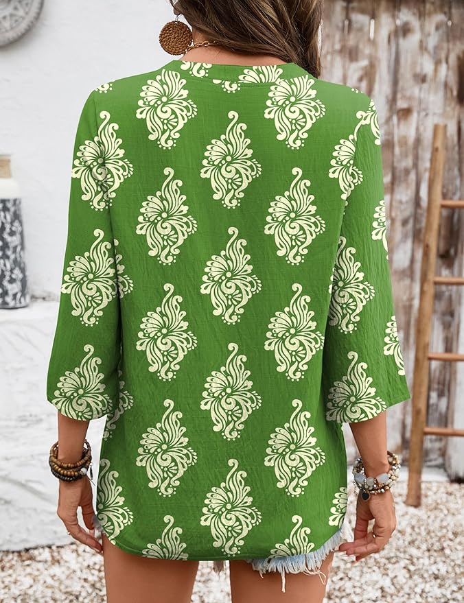 Rapbin Womens 3/4 Sleeve V Neck Floral Print Pleated Blouses for Women Dressy Casual Loose Fit Tops