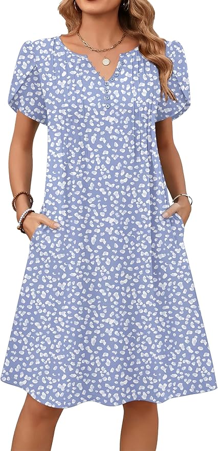 Zeagoo Women's Casual Dresses with Pockets Summer Floral V-Neck A-Line Tshirt Dress Short Sleeve Mini Dress Beach Sundress