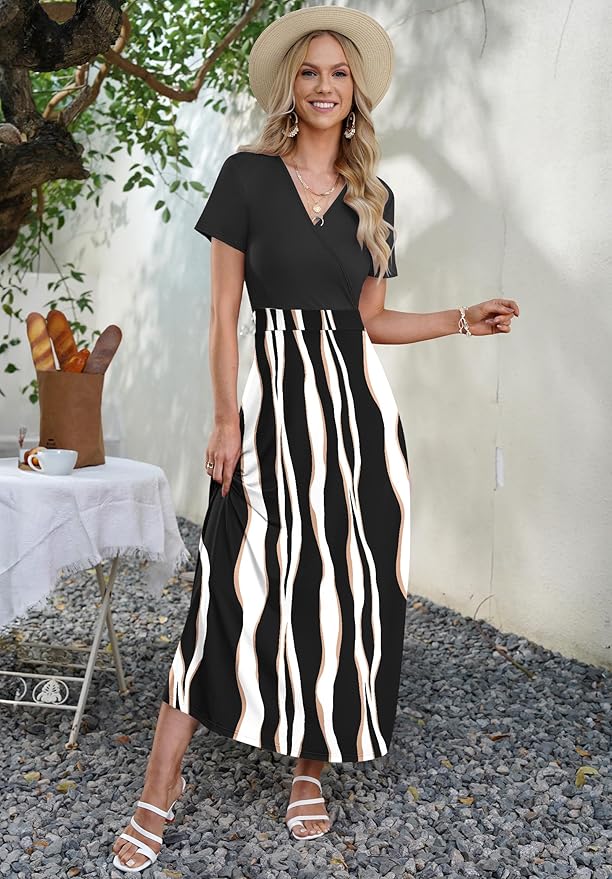 AUSELILY Maxi Dresses for Women Ankle Length Floral Print Beach Long Flowy Dress with Pockets