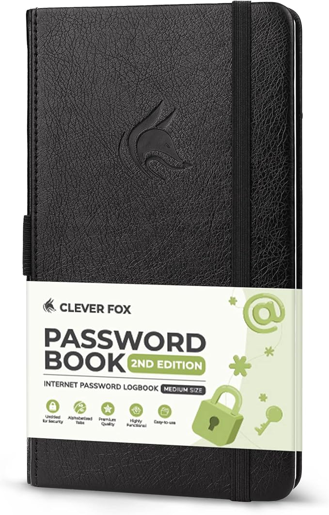 Clever Fox Password Book 2nd Edition – Hardcover Password Keeper with Alphabetical Tabs – Internet Address Notebook & Login Details Organizer Journal – 4.1x7.6” (Black)
