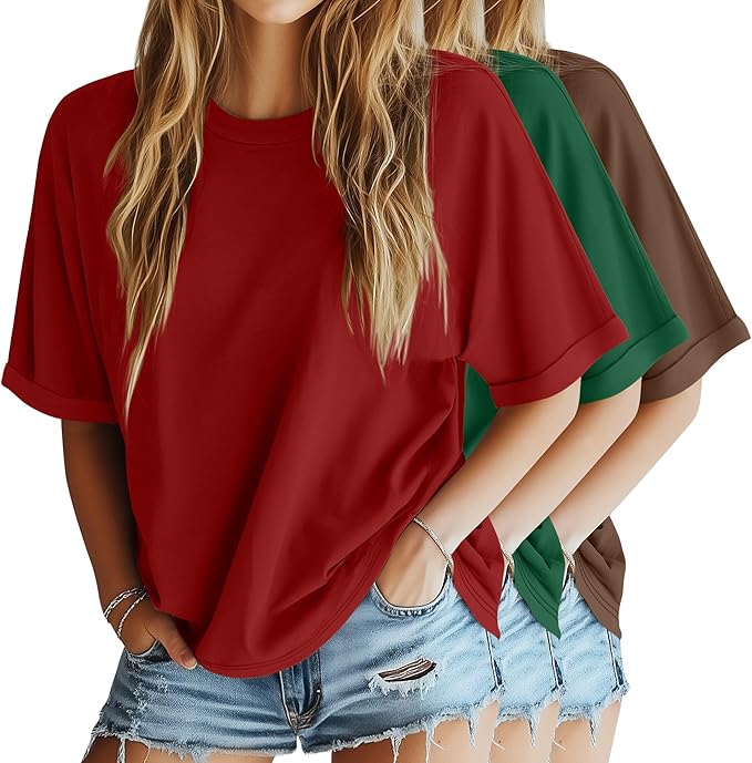 Riyiper 3 Pack Women's Oversized T-Shirt Half Sleeve Summer Tees Casual Loose Fit Crew Neck Basic Tops