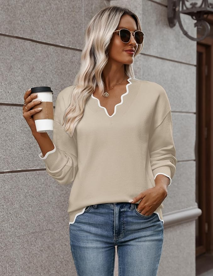 Zeagoo Women's 2026 Fall V Neck Sweater Casual Long Sleeve Lightweight Ribbed Knit Pullover Sweaters Dressy Casual Tops
