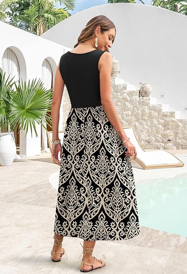 WNEEDU Women's Summer Maxi Dress 2026 Casual Sleeveless Hawaiian Sundress Tropical Long Dress Beach Vacation Outfit