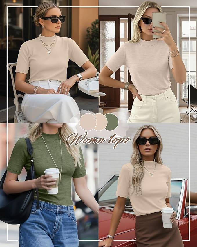 Ficerd 3 Pack Women's 1/2 Sleeve Mock Turtleneck Shirts, Elbow Length Shirt Half Sleeve Tunic Top Casual Summer Basic Tees