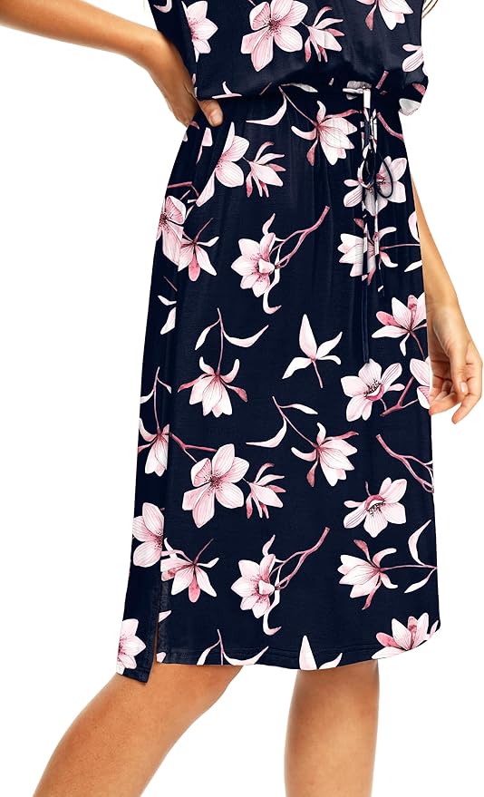 Simier Fariry Womens Spring Hide Belly Knee Length Travel Dress Pocket Summer Short Sleeve Midi Work Casual Outfits