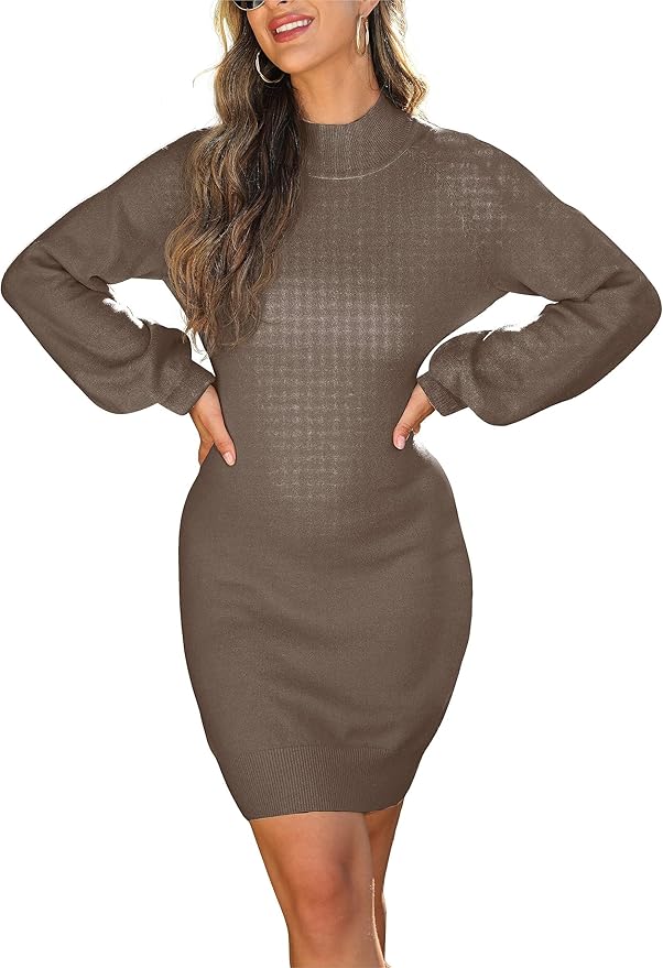 GRECERELLE 2026 Women's Mock Neck Ribbed Long Sleeve Bodycon Pullover Cute Mini Sweater Dress (XS-2XL)