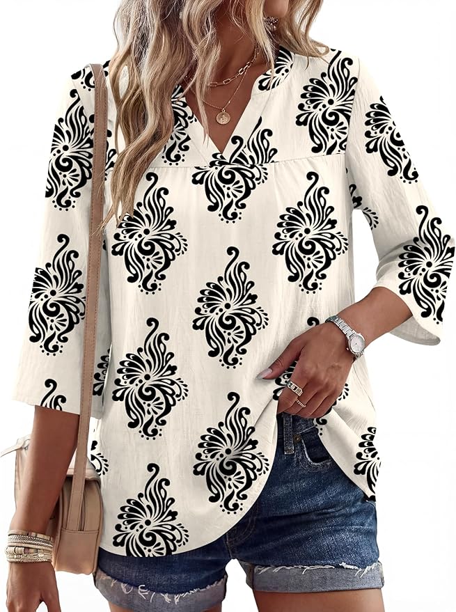 Rapbin Womens 3/4 Sleeve V Neck Floral Print Pleated Blouses for Women Dressy Casual Loose Fit Tops
