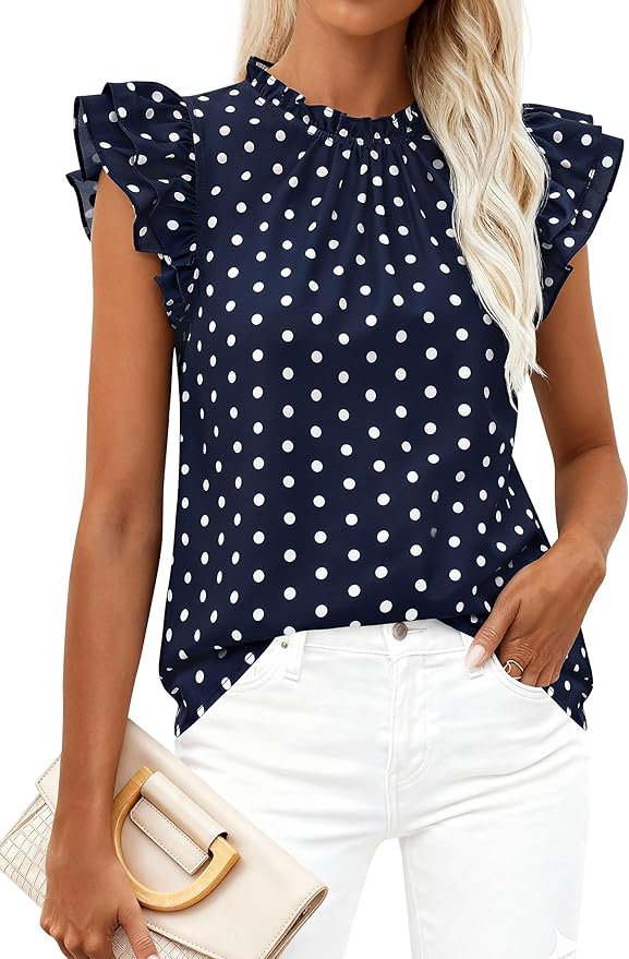 PRETTYGARDEN Women's Ruffle Short Sleeve Summer Tops 2026 Trendy Floral Trim Neck Casual Dressy Chiffon Boho Blouses Shirts