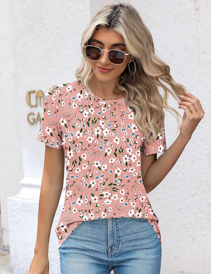 Kistore Womens Casual Crew Neck Short Sleeve Pleated Tops Blouses Fashion Clothes 2026
