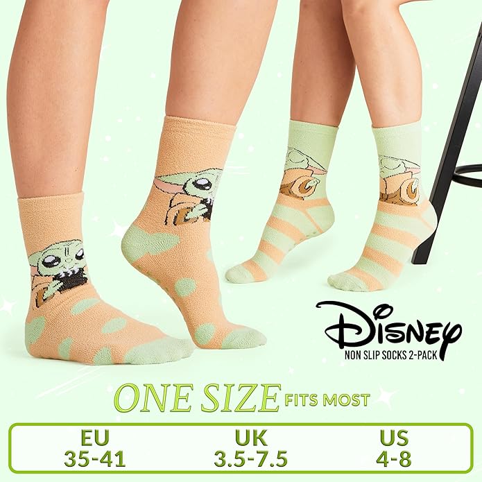 Disney Slippers Socks for Women & Teens US Size 4-9, Pack of 2 Non Slip Fleece Winter Socks, Soft & Fluffy, Gifts for Her